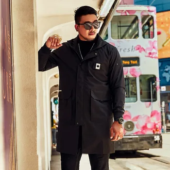 

2019 tide brand Large size XXL-6XL 7XL Men's Black jacket Autumn Loose trend in the long Windbreaker Hooded jacket
