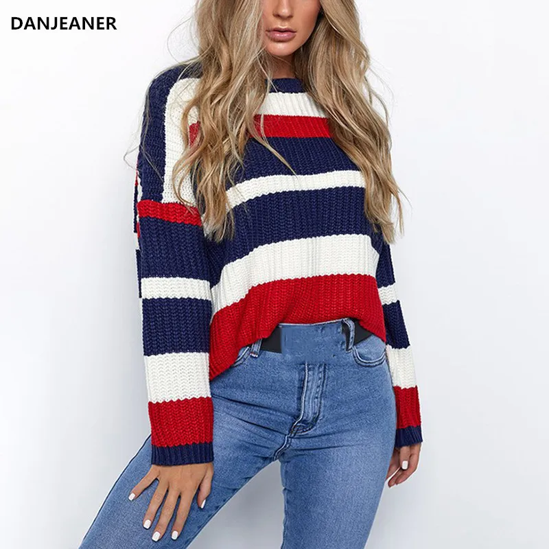 Danjeaner Streetwear Rainbow Stripe Knitted Sweater Women Casual Short Knitting Pullovers Plus Size Winter Jumpers Harajuku | Женская