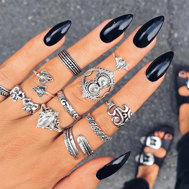 

2019 Boho 11 Pcs/Set Ring European Elephant Leaf Drop Ring Set Knuckle Midi Rings Antique Silver Color Punk Rings