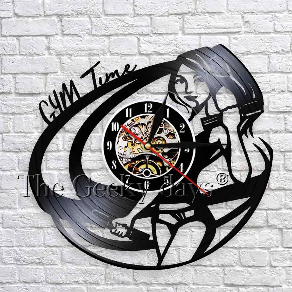 Gym Time Quart Wall Clock Fitness Bodybuilder 3D Wall Watches Vintage Vinyl Wall Clock Unique Gift Idea For Fitness Lover