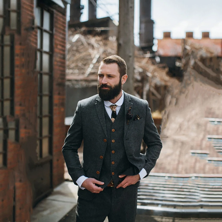 

Fall Winter Grey Tweed Wedding Suits For Men Slim Fit 3 Piece Blazer Masculino Formal Business Traje 2018 Mens Suits With Pants