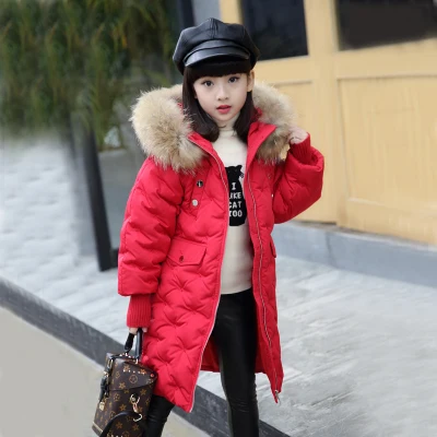 Зимние пуховики для девочек теплая одежда для школьников 10-12 лет парка с длинным капюшоном из натурального меха, детское зимнее пальто для русской зимы - Цвет: Красный