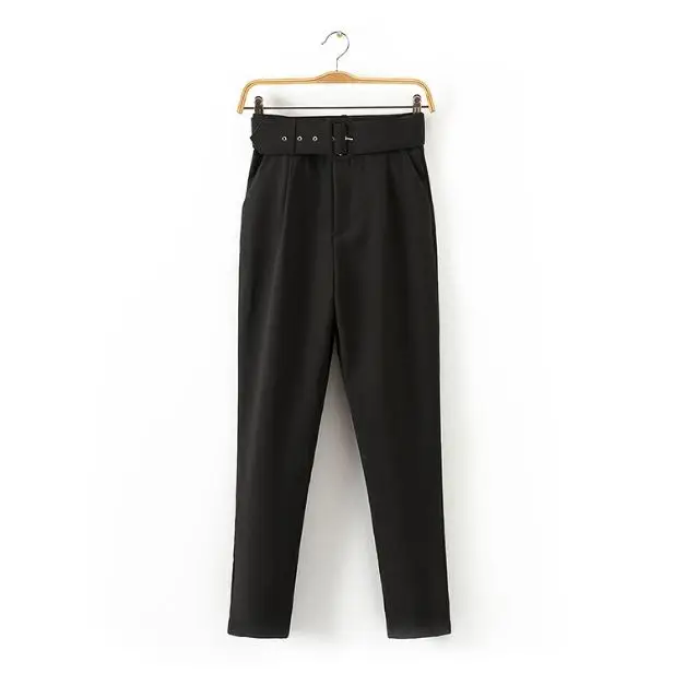 NEW Fashion Woman Black CREPE TROUSERS WITH Buckle BELT High Rise front pleats Back Sides piped pockets Long Pants