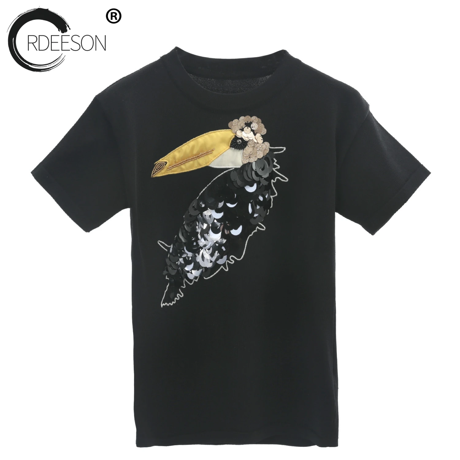 ORDEESON 2018 New Summer knitted Wowen O-Neck Thin Black Sweater Short Sleeve Sequins Three-Dimensional Pattern Tops Clothing | Женская