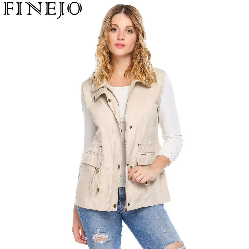 FINEJO Women's Military Vest Autumn 2018 Casual Sleeveless Zip Up
