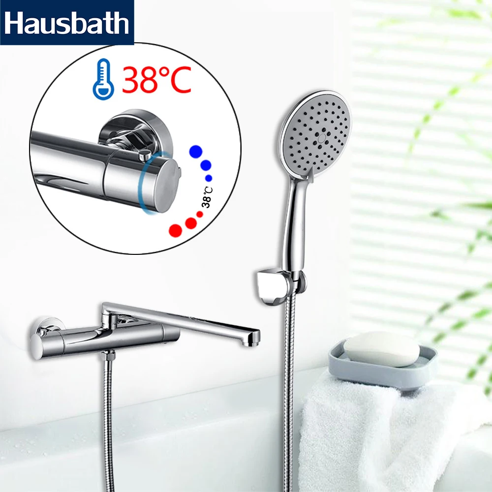 

Thermostatic Faucet Shower Faucet Bathtub Tap Long Straight Spout With 5 Function Shower Head Body Bathroom Water Saving