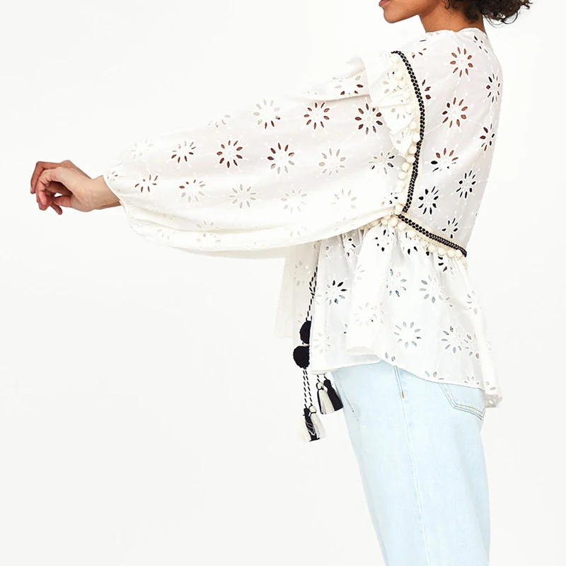 YNZZU вышивка белый кружевной пальто куртки осень элегантные с v-образным вырезом и длинным рукавом полые свободные женский жакет casaco feminino YO565