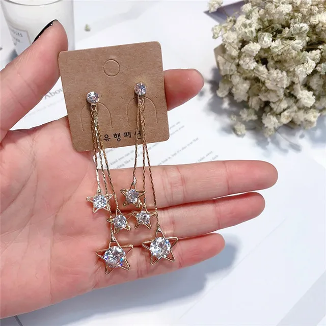 stars tassel cz earrings 925 silver post Hypoallergenic fadeless fashion jewelry stud earrings for women girl Christmas gift