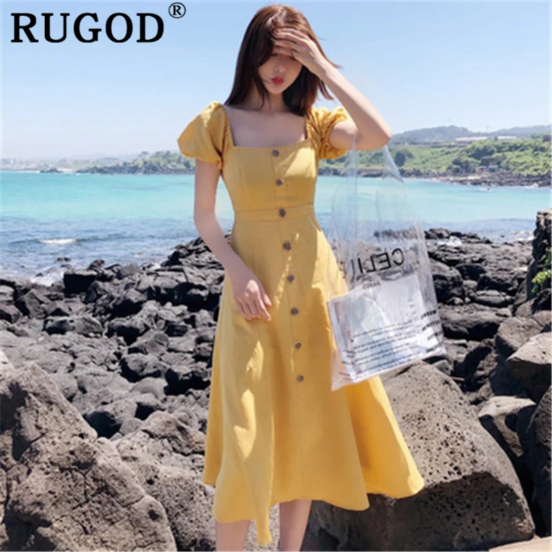 

RUGOD Elegant long maxi women dress Korean chic puff sleeve slim office ladies dress vestidos Summer beach party A-line dress