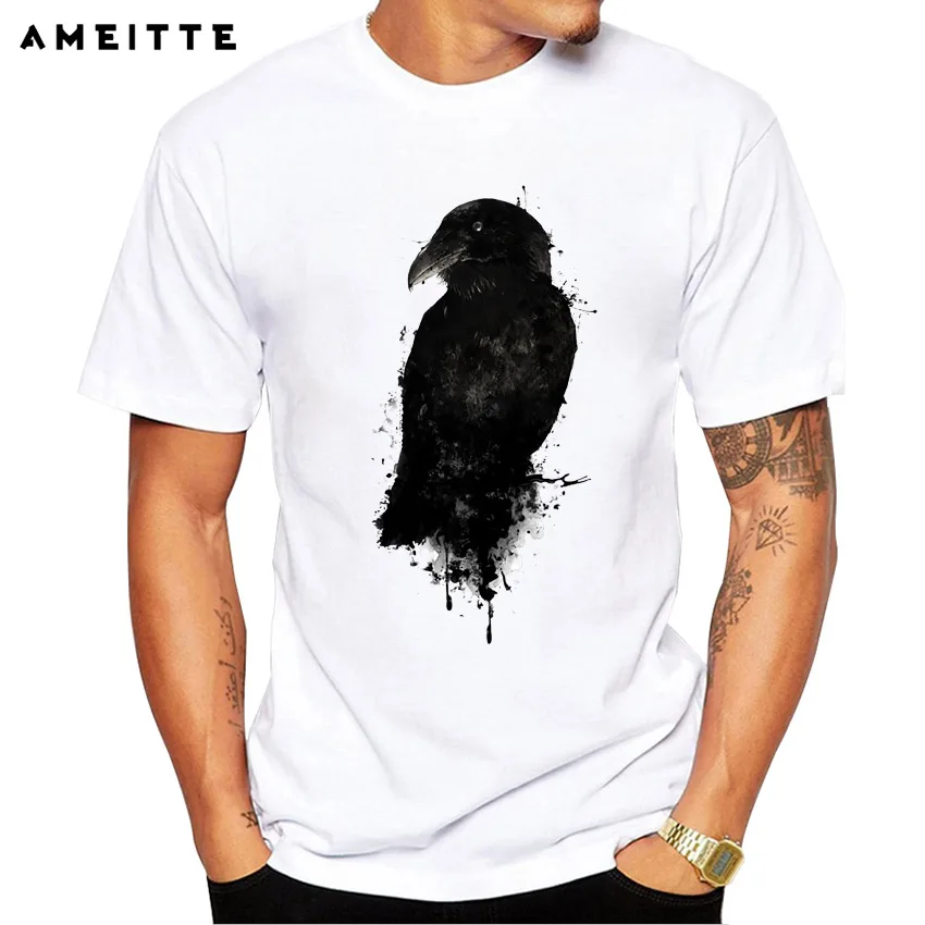 

2019 AMEITTE Fashion Black Raven Design T-Shirt Men's Hipster Skull Printed T Shirt Summer Geek Streetwear Tops Tee