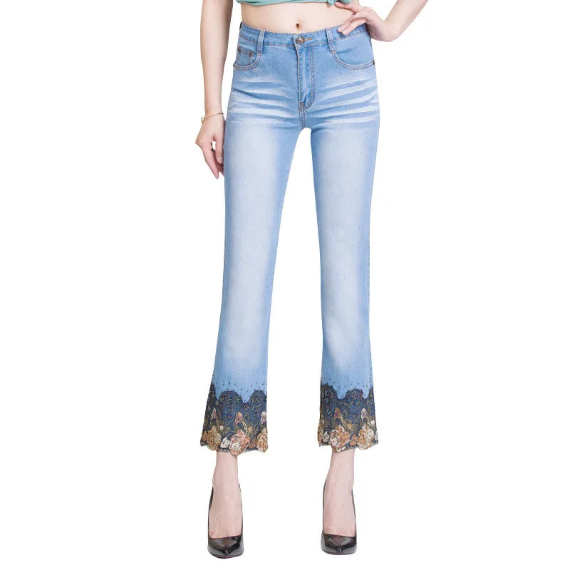 Woman Jeans Bell Bottom Jeans Embroidered Stretch Womens Flared Pants Ladies Flowers Embroidery Blue Jeans