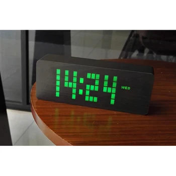

Voice Control LED Wooden Snooze Alarm Clock Table Clocks with Date Temperature Display for Bedside Home Decorative