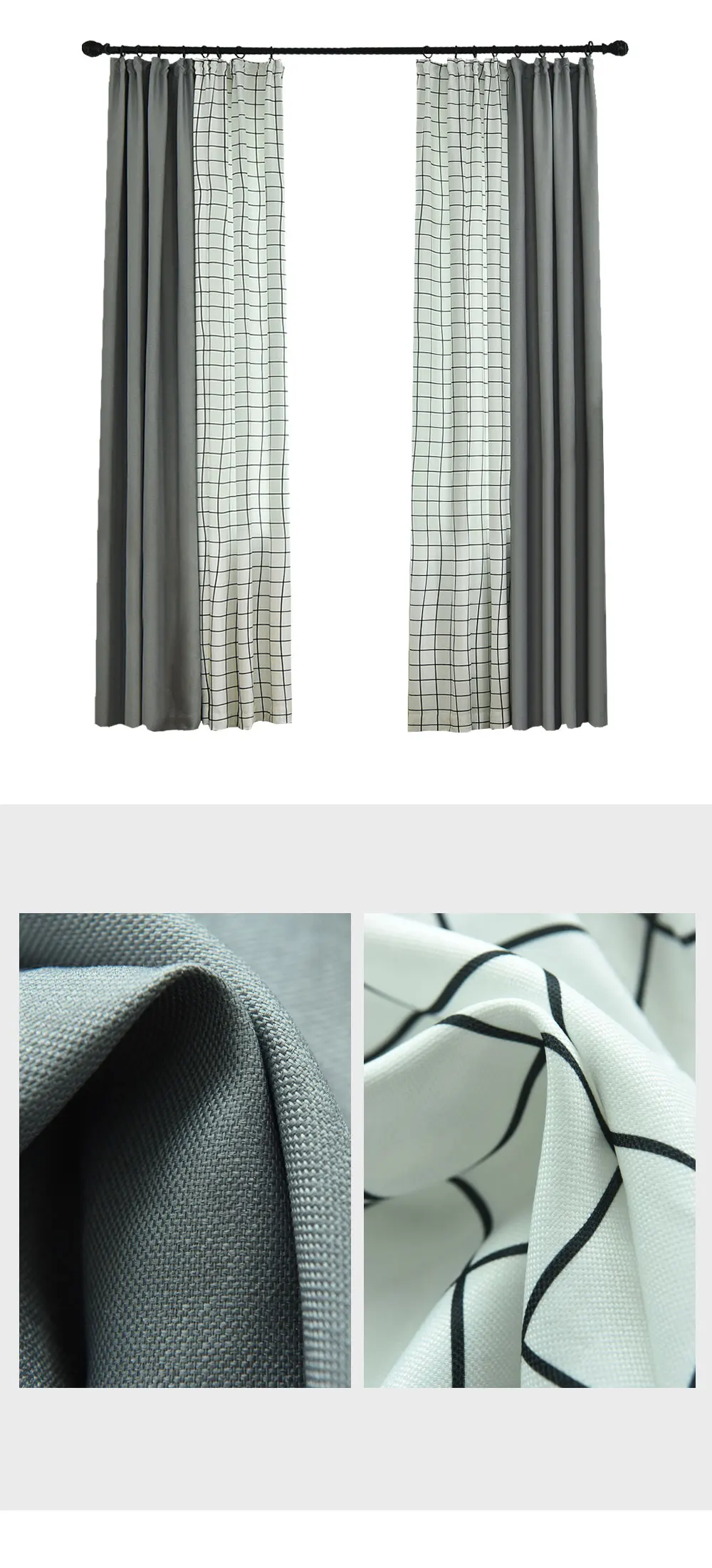 LOZUJOJU Stitching plain drops simple grey color for living room bedroom windows pastoral design curtains matching tulle fabric (2)