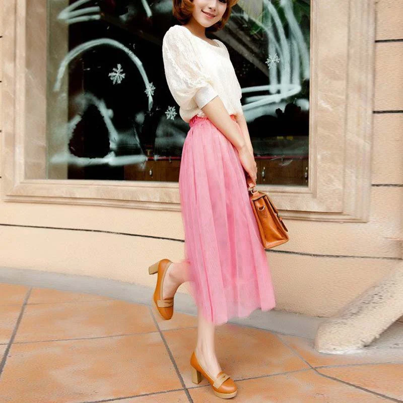 

Women Multi Layers Pleated Long Tulle Skirt Straight Solid Mesh Elastic Waist Skirts 2 Wearing Ways FDC99