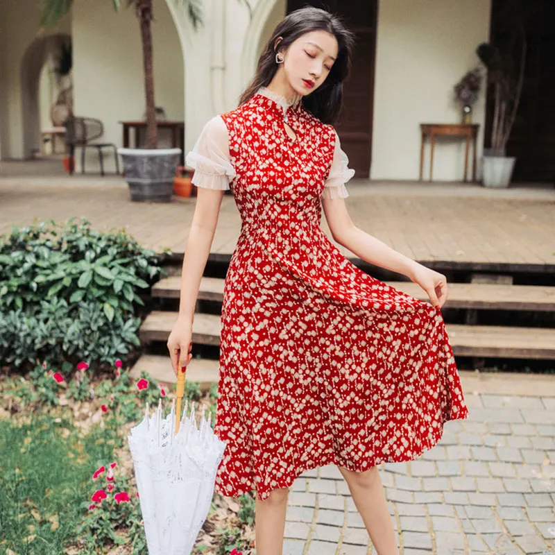 Trytree Summer Women Dress Casual Elegant Mandarin Collar Lantern Sleeve Ruffles Print Dresses Mid-Calf A-line Cheongsam Dress - Цвет: Red