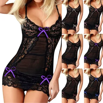 

Sexy Nightgown Lingerie Lace Patchwork Women Sheer Scalloped Satin Nightwear Sleepdress Babydoll Nightdress Sleepshirts Homewear
