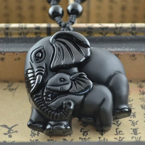 Fashion Lovely Thai Elephant Pendant Necklace Natural Black Obsidian Carved Sweater Chain For Luxury Women Jewelry