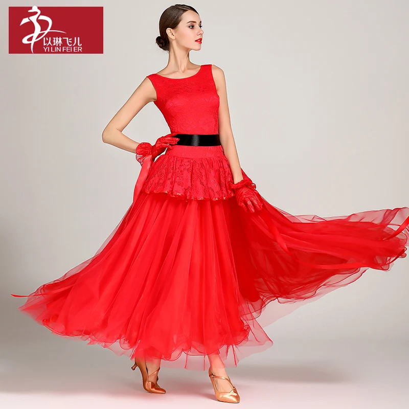 

Lace Bodice with Long Tulle Skirt Ballroom Dress for Woman Dancer Stage Dance Costumes Modern Professional Dress 3 Colors A0003