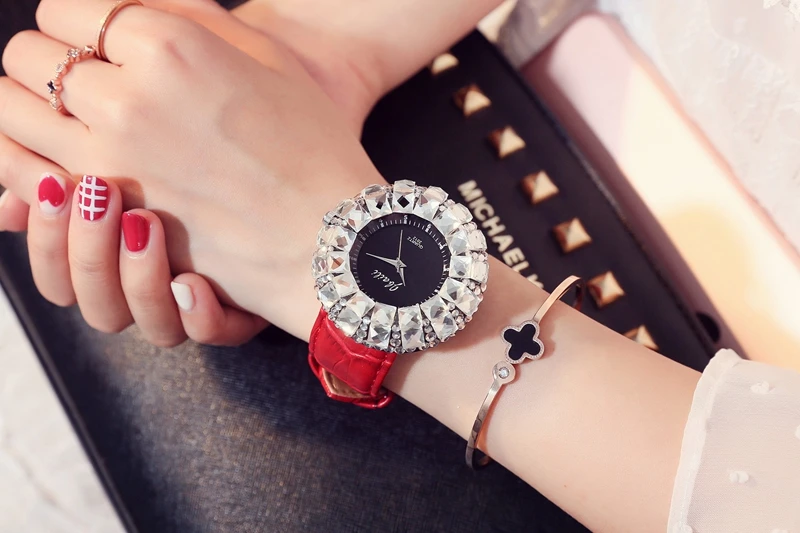 JBAILI брендовые красные женские часы, женские наручные часы с бриллиантами, кожаные Наручные часы с кристаллами, ювелирные часы, браслет, Saat Relogio Feminino