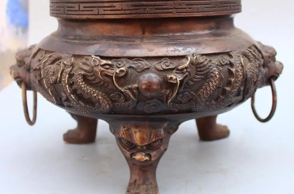 

15"Marked Chinese Bronze 9 Dragon Dragons Ball Lion Incense Burner Censer Statue
