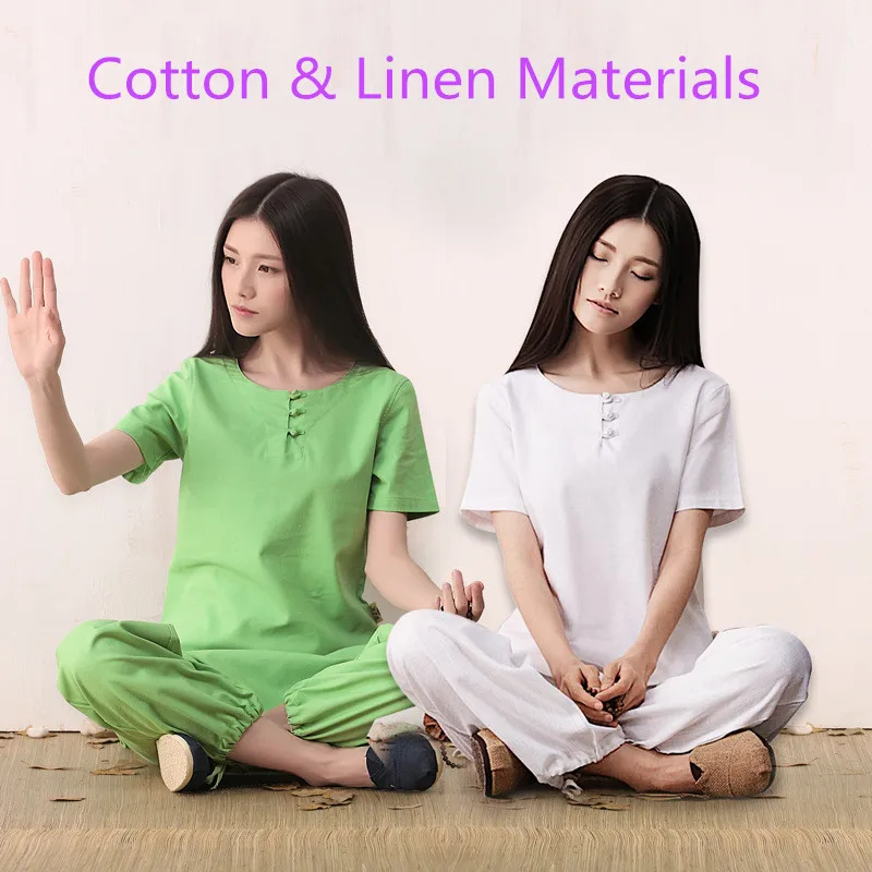

2019 New Cotton linen Yoga Suits Top + Trousers Exercise Clothing Women Summer Meditation Clothes Short sleeve Taiji Kungfu Wear