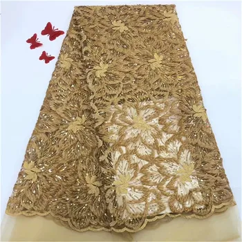 

2019 New African Guipure French Lace Fabric in golden color Guangzhou embroidery tulle lace fabric material with sequins