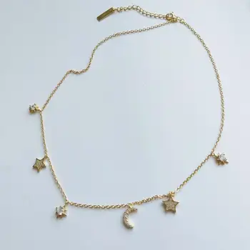 

Sterling Silver Jewelry 925 Silver Moon Star Choker Necklace & Clear Zirconia For Women Girl Banquet Necklaces Wedding Gift