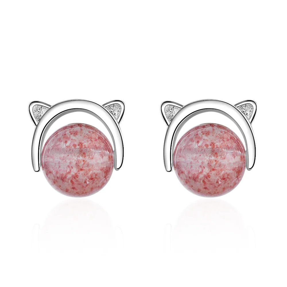 

925 Sterling Silver Fashion Cute Pink Strawberry Crystal Cat Stud Earring For Women pendientes boucle d oreille eh477