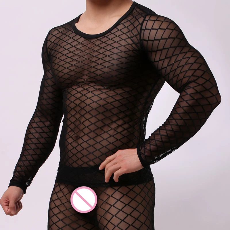 Сексуальное мужское прозрачное ночное белье с длинным рукавом, Сетчатое прозрачное сексуальное нижнее белье с круглым вырезом, сексуальное ночное белье для геев
