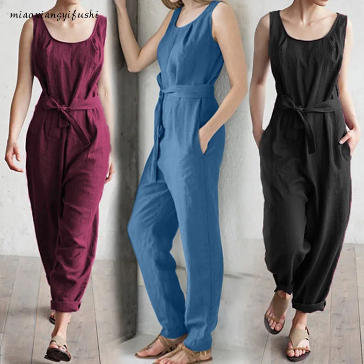 Fashion Nova Woman New Sleeveless Vest Elegant High Waist Belt Cotton Casual Jumpsuit Trousers Overalls Summer Female Plus Size