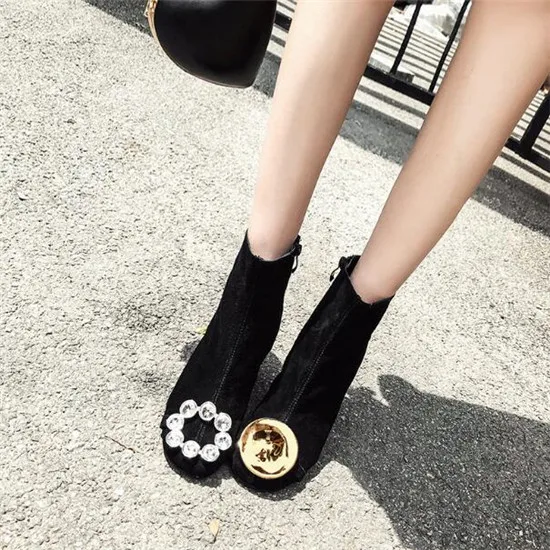 Ins Hot Fashion Women Boots Retro Copper Rhinestone Buckle Ankle Boots Autumn Winter Boots Martin Boots Shoes Woman Botas Mujer (15)