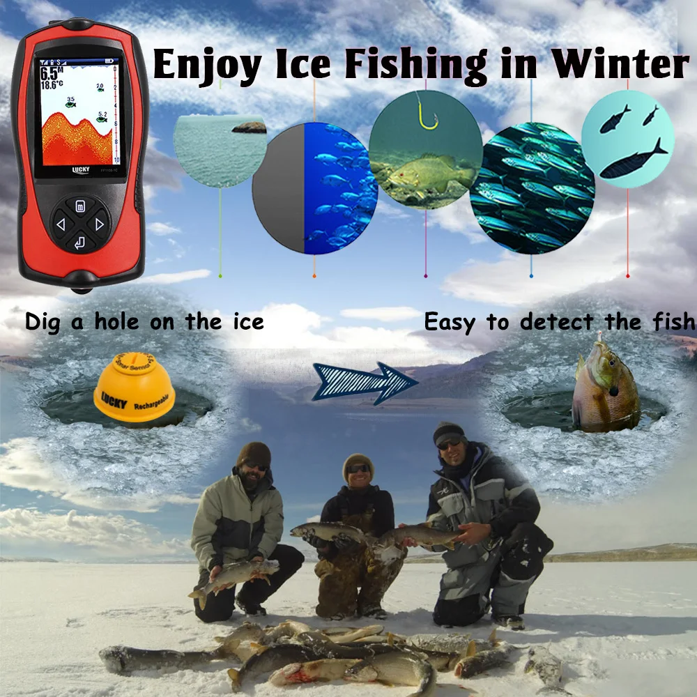Lucky اللاسلكية صياد السمك السونار Fishfinder سونار ل قارب الصيد المحمولة الأسماك عمق المكتشفون الاستشعار FF1108-1CWLA B9