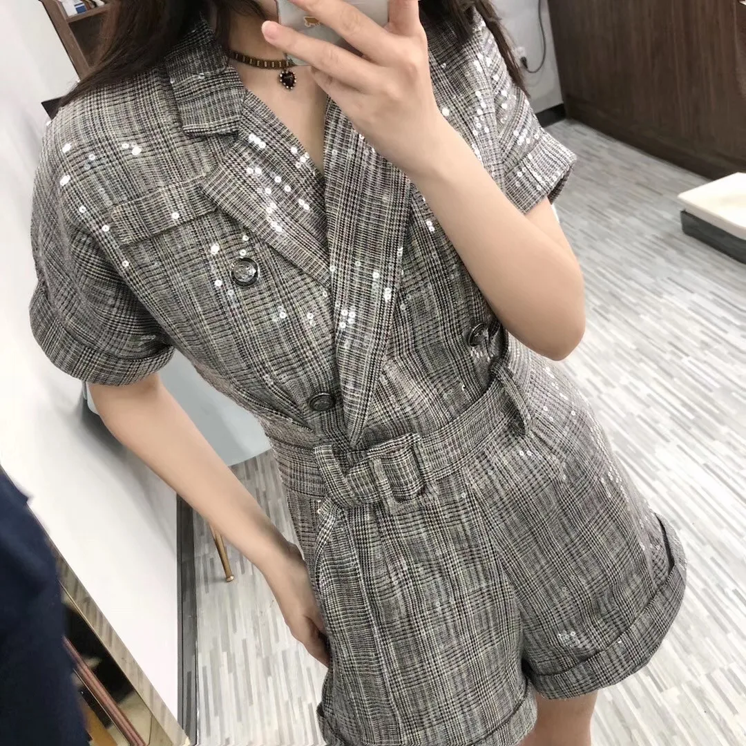 2019 Jumpsuit Vrouwen Vadim vrouwen Jumpsuit Pak Kraag Korte Mouwen Plaid Sequin Double-Breasted Voor Commuter Wijde Pijpen Vrouwelijke 2019 Jumpsuit Vrouwen Vadim vrouwen Jumpsuit Pak Kraag Korte Mouwen Plaid Sequin Double-Breasted Voor Commuter Wijde Pijpen Vrouwelijke