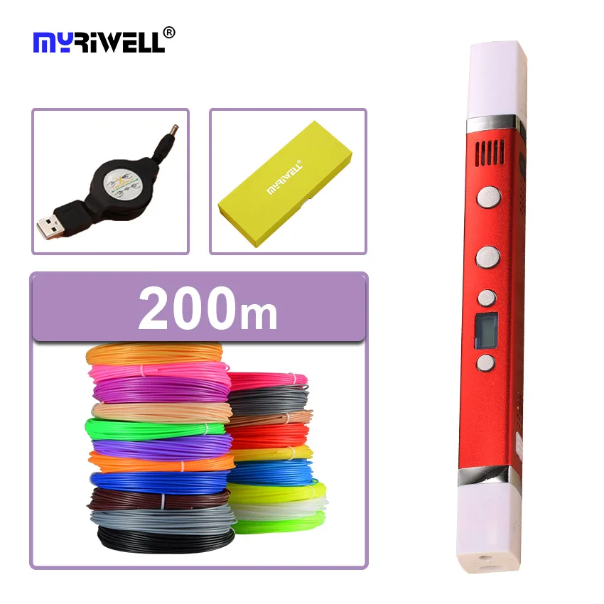 Myriwell 3D Ручка usb зарядка 3D печать Ручка+ 200 м ABS нить светодиодный экран каракули креативная игрушка подарок для детей дизайн рисунок - Цвет: Красный