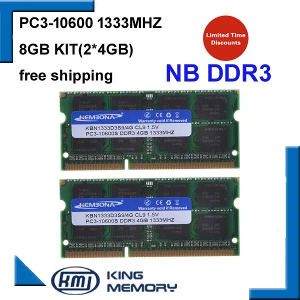Vente KEMBONA ordinateur portable ddr3 1333 mhz 8 GB (Kit de 2X4 GB) DDR3 PC3 12800s 1.5 V Si DIMM 204 Broches Module de Mémoire Ram Memoria pour Ordinateur Portable
