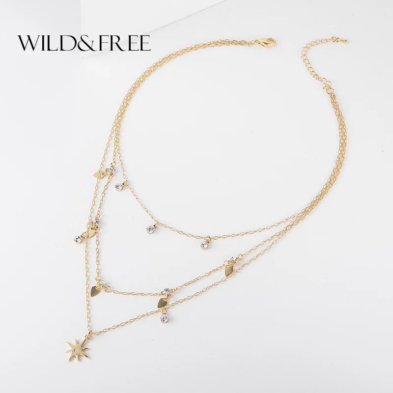 

Wild&Free Boho Multi Layered Choker Necklaces For Women Sexy Short Crystal Heart Pendant Chain Tassels choker Necklace B