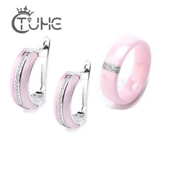 

2019 Made Of Ceramic Jewelry Sets Cubic Zirconia CZ Romantic Pink Color Rings Stud Earring Fashion Jewelry For Women Set Gift