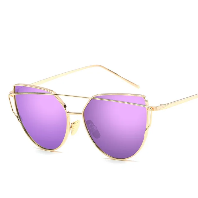 Модные Винтажные зеркальные женские солнцезащитные очки "кошачий глаз" из розового золота с металлическими светоотражающими плоскими линзами, туристические солнцезащитные очки разных цветов - Цвет линз: gold-purple