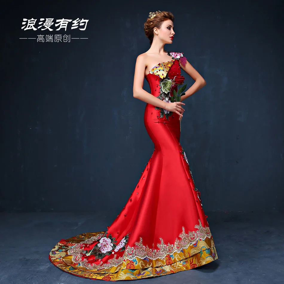 Синее длинное вечернее платье русалки с вышивкой, свадебное платье чонсам, китайский халат, платье с шлейфом, традиционное Ципао