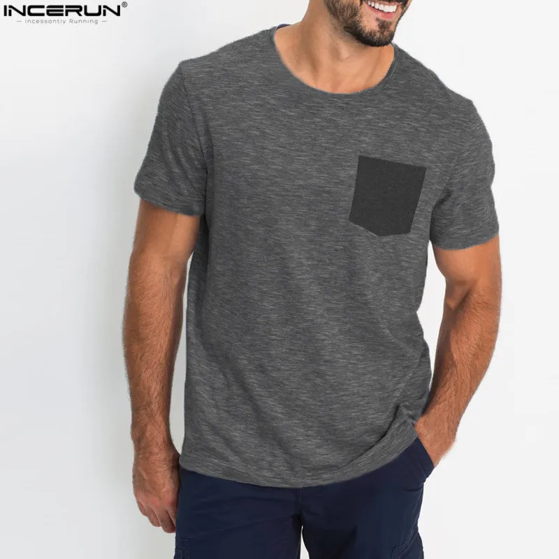 

2019 New Fashion Men T-shirt Summer Brand Short Sleeve Round Neck Basic Tee Shirt Youth Man Color Block T-shirts With Pockets