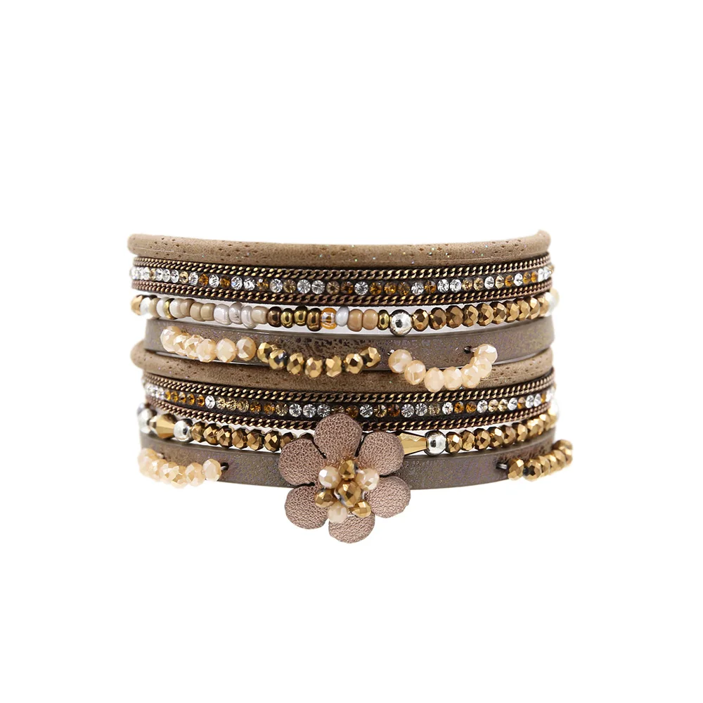 2019 Bohemia flower Leather bracelet For Women Multi-layer Beads Charm Wristband Crystal Magnetic Bracelets Jewelry | Украшения и