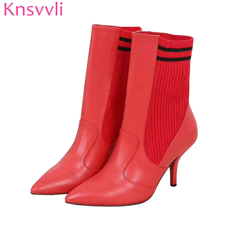

Red Fashion Ladies Ankle boots High heel Leather knitted stripes Motorcycle Short booties Pointed Toe Slip on Autumn Party boots