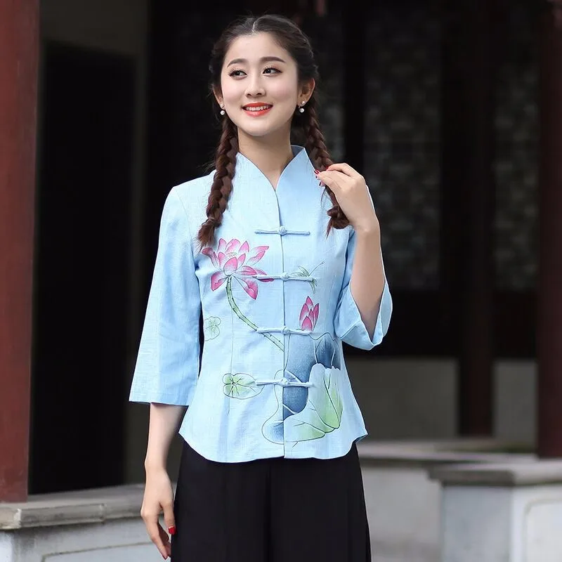 Горячая Распродажа, красная женская хлопковая льняная рубашка, топы, традиционный китайский стиль, блузка, одежда в стиле Тан, Размеры S M L XL XXL XXXL 2615-1