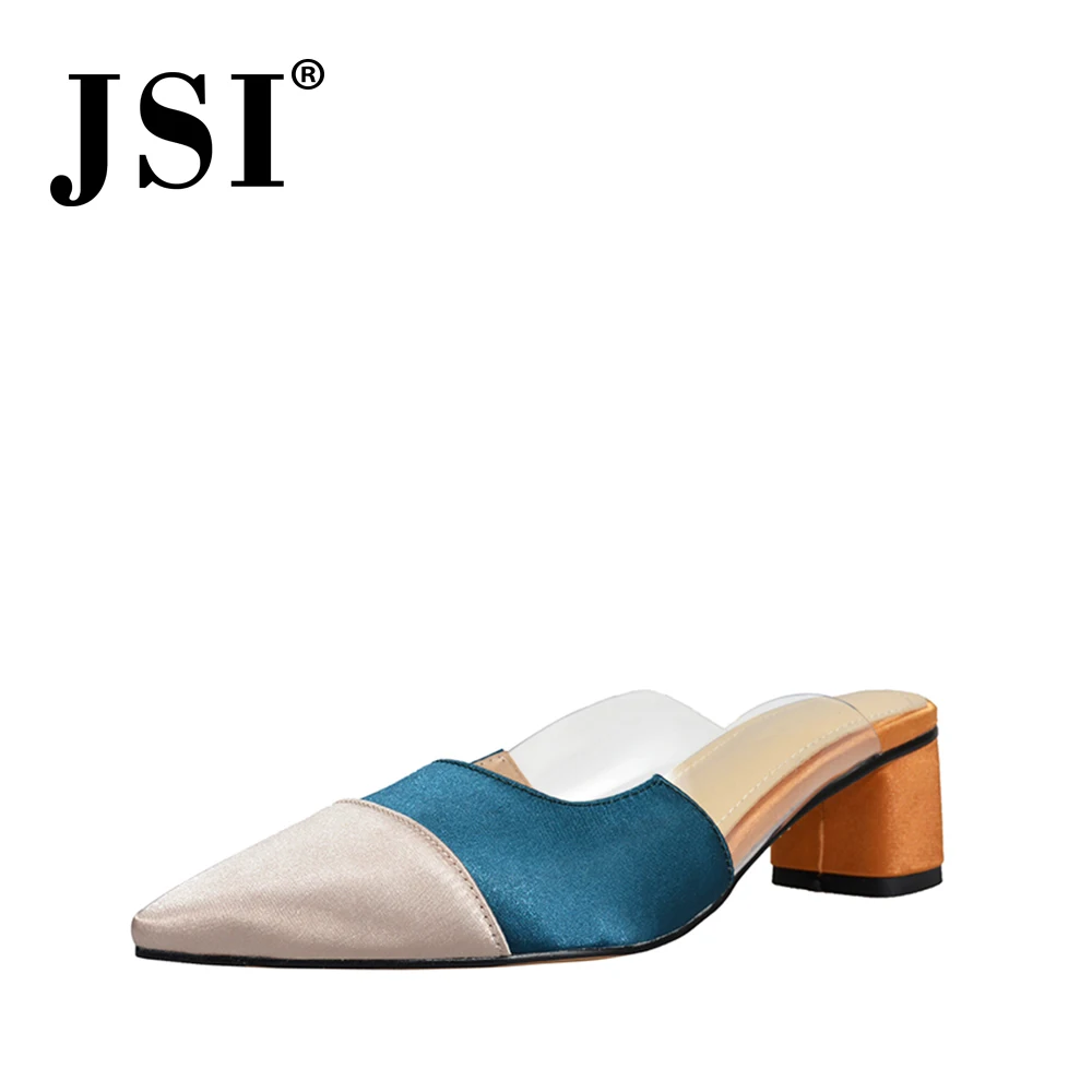 

JSI Handmade Fashion Women's Slippers Pointed Toe Square Heel Outside Slides Shoes Silk Patchwork Dress Elegant Slippers JO84