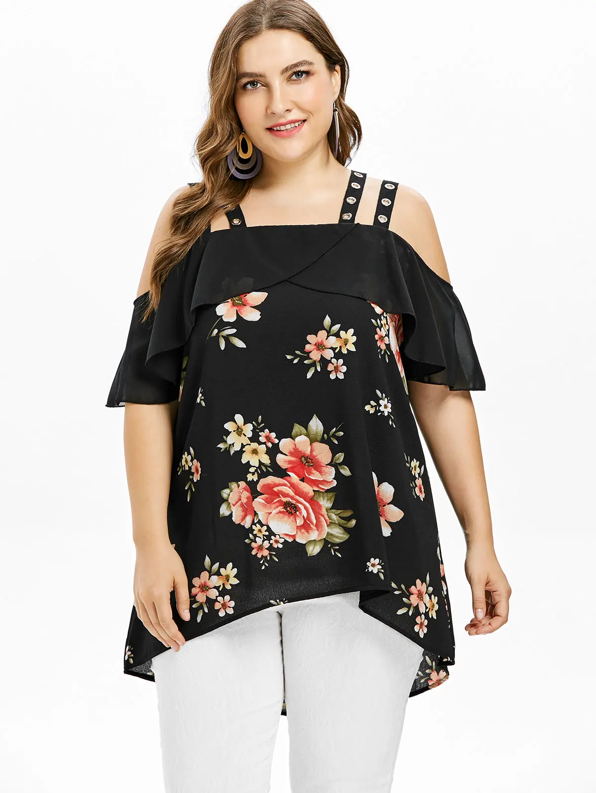 Kenancy Plus Size Ruffle Floral Print High Low Blouse Half Sleeve