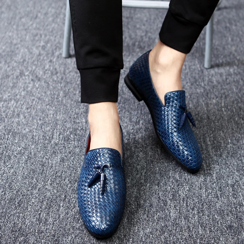 England Men Shoes Woven PU Leather Fashion Tassel Casual Shoes Men Big
