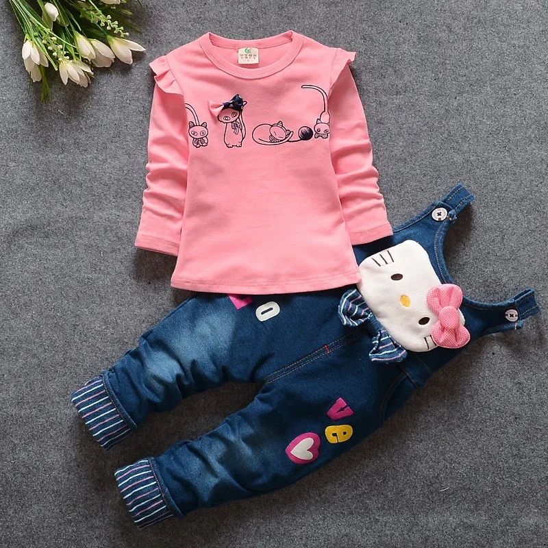 Najtaniej BibiCola 2017 jesień Dziewczynek Odzież Ustaw Dzieci kombinezony Denim jeans spodnie + Bluzka Pełna Rękaw Twinset Zestaw Ubrań Dla Dzieci
