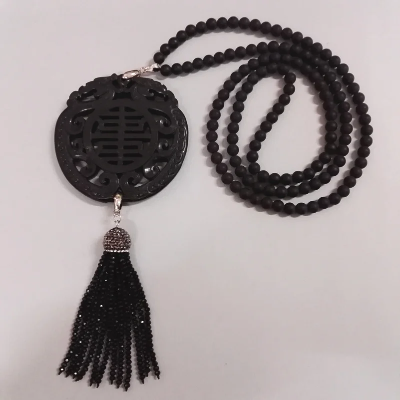 

Vintage Asia Ancient Sculpture Carving Art Pattern Black Semi Precious Matte Onyx Bead Stone Tassel Pendant Necklace DIY Jewelry