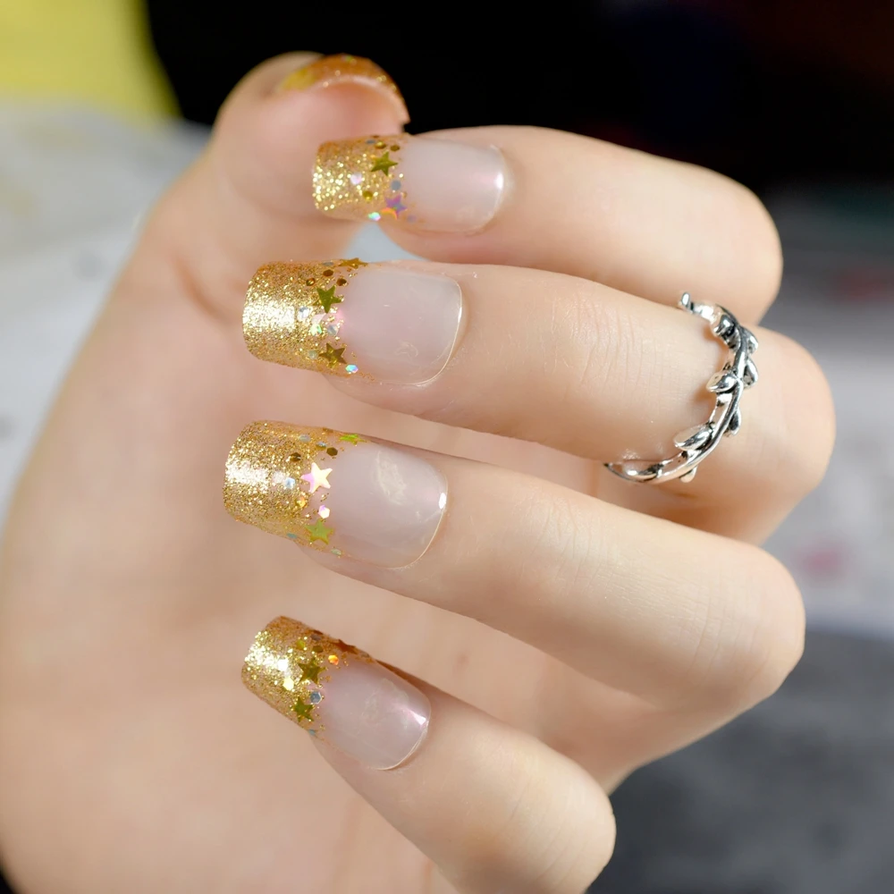 Sparkly Medium French Nails Golden Glitter Decorations Flat Diy Lady Sparkly Medium French Nails Golden Glitter Decorations Flat Diy Lady