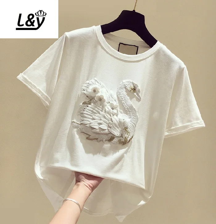 

L&Y 3D Heavy Embroidery Diamond Swan Casual TShirt Women Vestidos Fashion Pullover O-Neck Short Sleeve Cotton T Shirt Summer